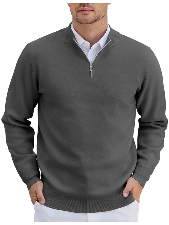 Mens Quarter Zip Sweater Ribbed Knit V Neck Slim Fit Dress Sweater for Fall Winter Gray