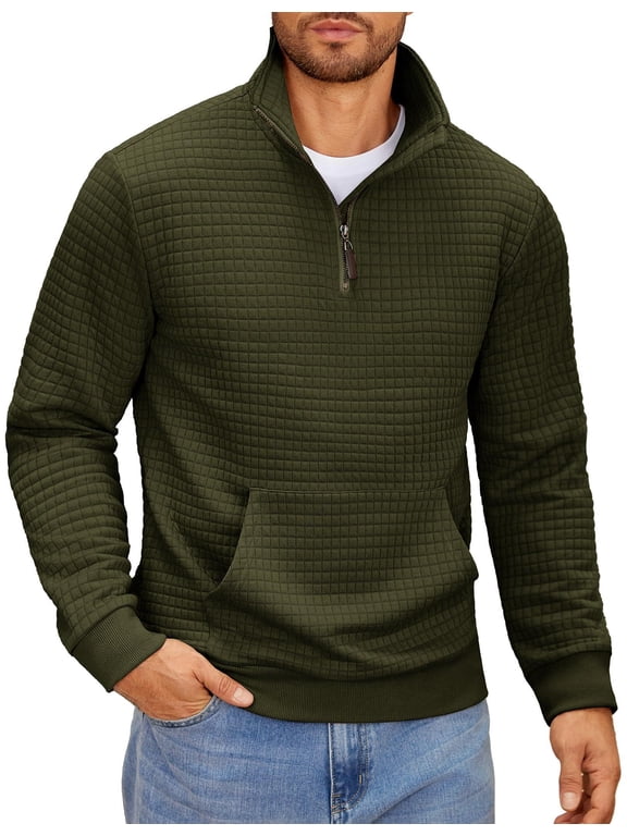 Mens Quarter Zip Sweatshirt Long Sleeve Casual Waffle Pullover Sweatshirt with Pocket