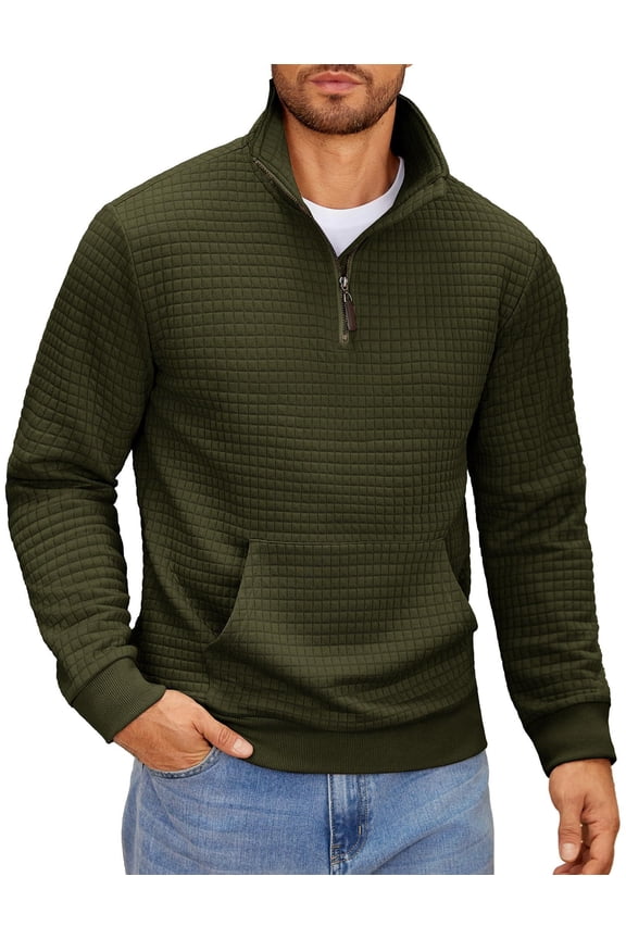 Mens Quarter Zip Sweatshirt Long Sleeve Casual Waffle Pullover Sweatshirt with Pocket