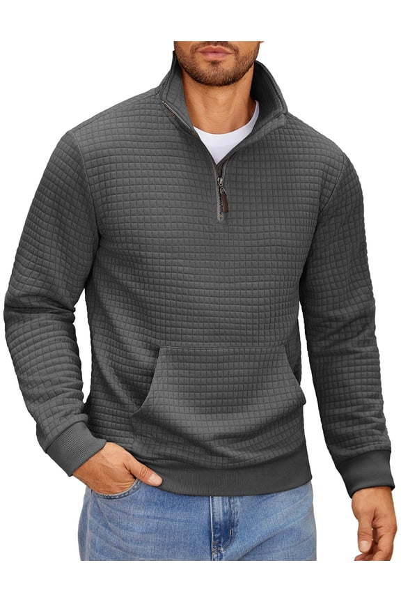 Men Quarter Zip Sweatshirt Long Sleeve Plaid Jacquard Pullover with Kangaroo Pokcet