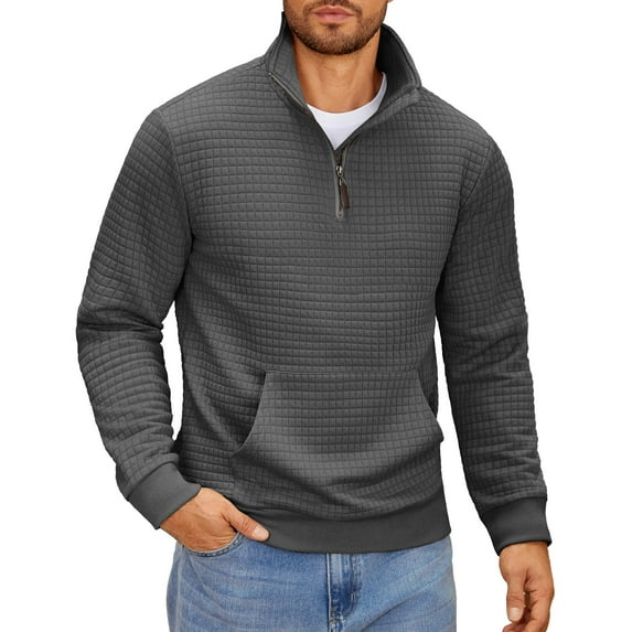 COOFANDY Men Quarter Zip Sweatshirt Long Sleeve Plaid Jacquard Pullover with Kangaroo Pokcet