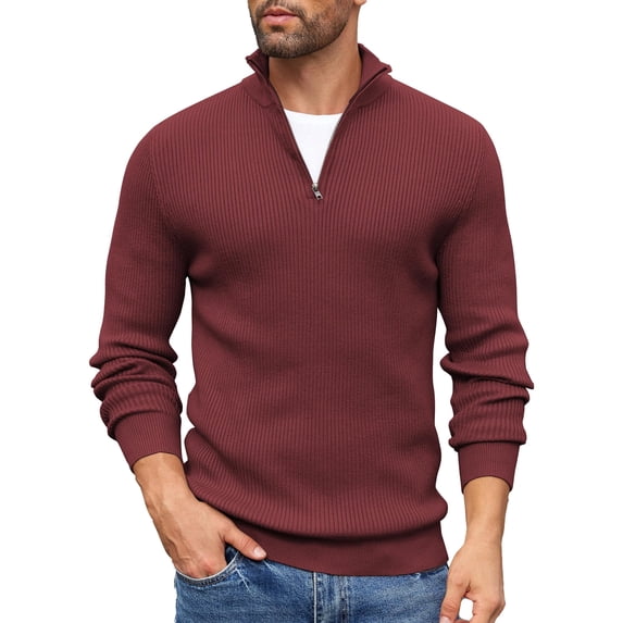 COOFANDY Mens Ribbed Knit Sweater Quarter Zip Mock Neck Sweaters Slim Fit Fall Winter Pullover Sweater