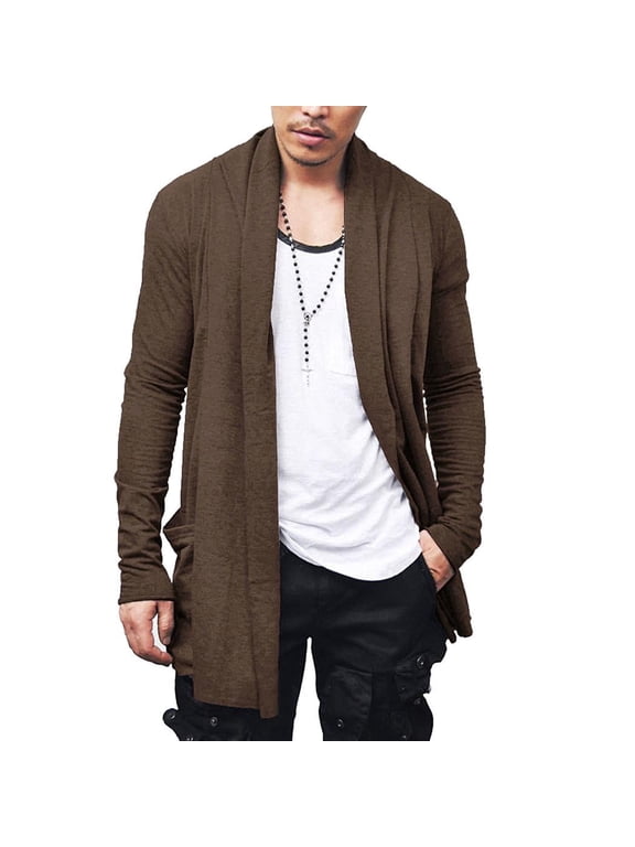 Mens Ruffle Shawl Collar Casual Open Front Cardigan Long Sleeve Light Weight Cotton Cardigan