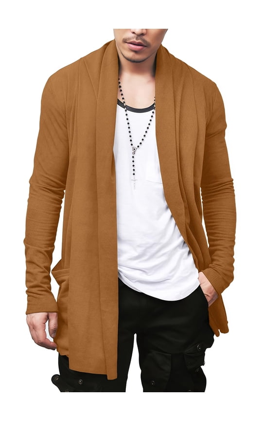 Mens Ruffle Shawl Collar Casual Open Front Cardigan Long Sleeve Light Weight Cotton Cardigan