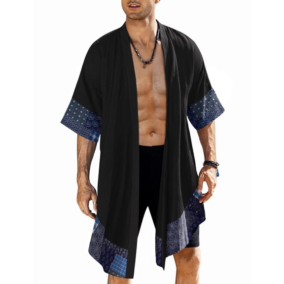 COOFANDY Men's Cardigan Lightweight Cotton Sweater Kimono Style Cloak Open Front Cape, Black,