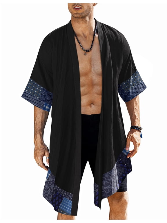 Men's Cardigan Lightweight Cotton Sweater Kimono Style Cloak Open Front Cape, Black,