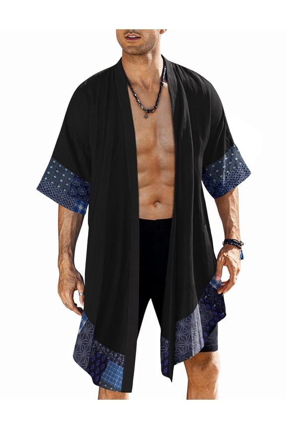 Men's Cardigan Lightweight Cotton Sweater Kimono Style Cloak Open Front Cape, Black,