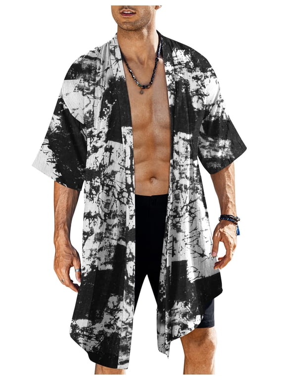 Men's Long Cardigan Cotton Kimono Robe Lightweight Casual Beach Drape Cape