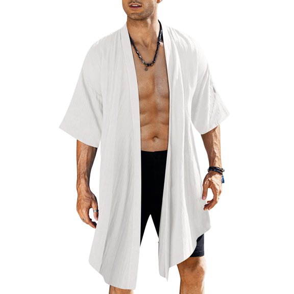 COOFANDY Men's Long Cardigan Cotton Kimono Robe Lightweight Casual Beach Drape Cape