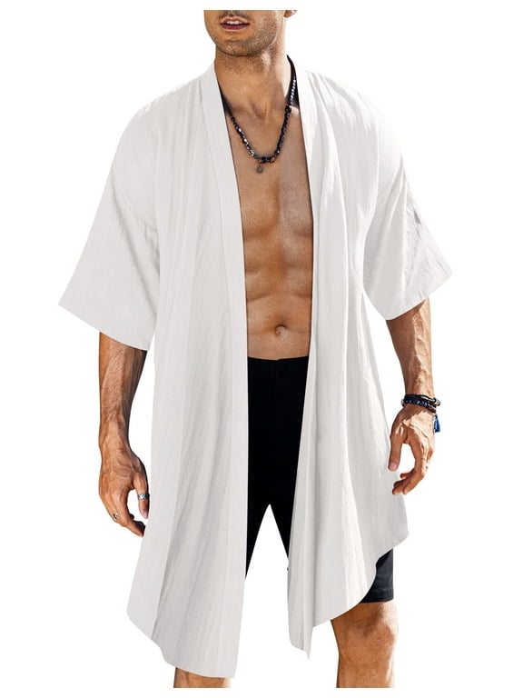Men's Long Cardigan Cotton Kimono Robe Lightweight Casual Beach Drape Cape