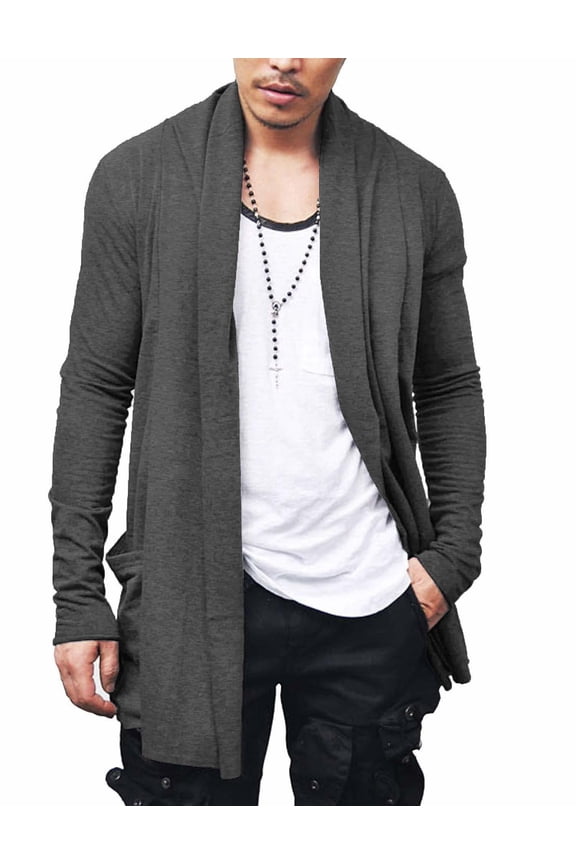 Men's Ruffle Shawl Collar Cardigan Open Front Lightweight Long Length Drape Cape Overcoat with Pockets