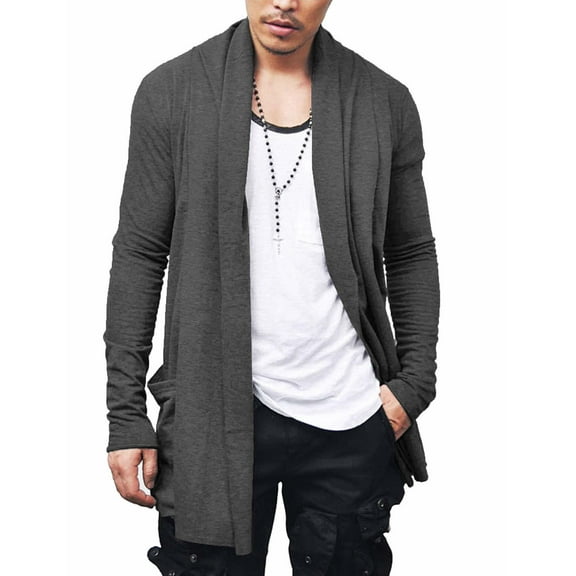 COOFANDY Men's Ruffle Shawl Collar Cardigan Open Front Lightweight Long Length Drape Cape Overcoat with Pockets