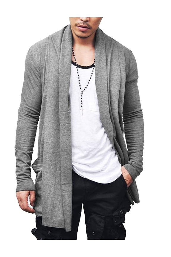 Men's Ruffle Shawl Collar Cardigan Open Front Lightweight Long Length Drape Cape Overcoat with Pockets