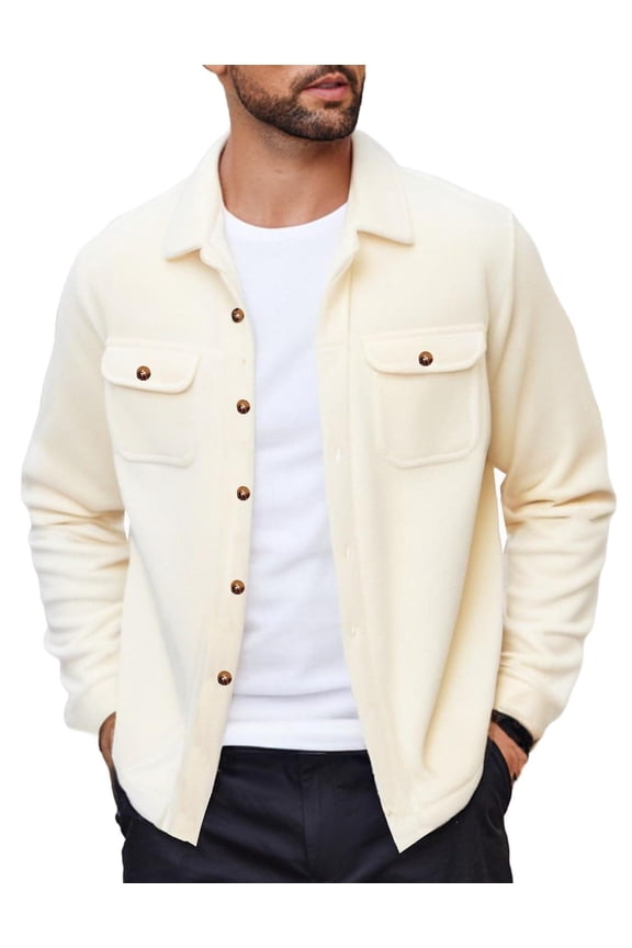 Men's Polar Fleece Shacket Long Sleeve Casual Button Down Shirt Jacket with Pockets