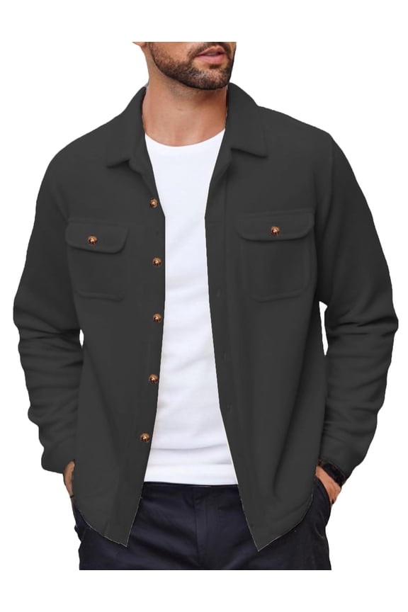 Men's Polar Fleece Shacket Long Sleeve Casual Button Down Shirt Jacket with Pockets