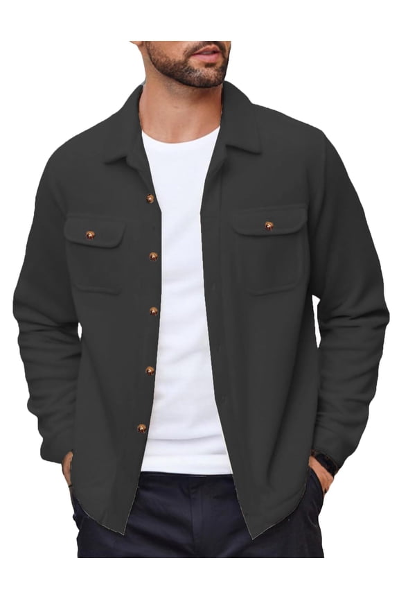Men's Polar Fleece Shacket Long Sleeve Casual Button Down Shirt Jacket with Pockets