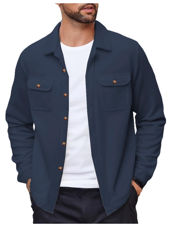 Men's Polar Fleece Shacket Long Sleeve Casual Button Down Shirt Jacket with Pockets