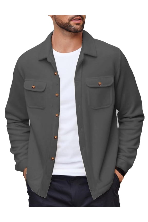 Men's Polar Fleece Shacket Long Sleeve Casual Button Down Shirt Jacket with Pockets