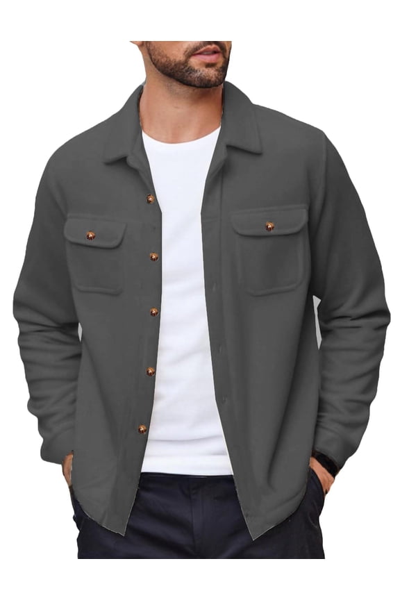 Men's Polar Fleece Shacket Long Sleeve Casual Button Down Shirt Jacket with Pockets