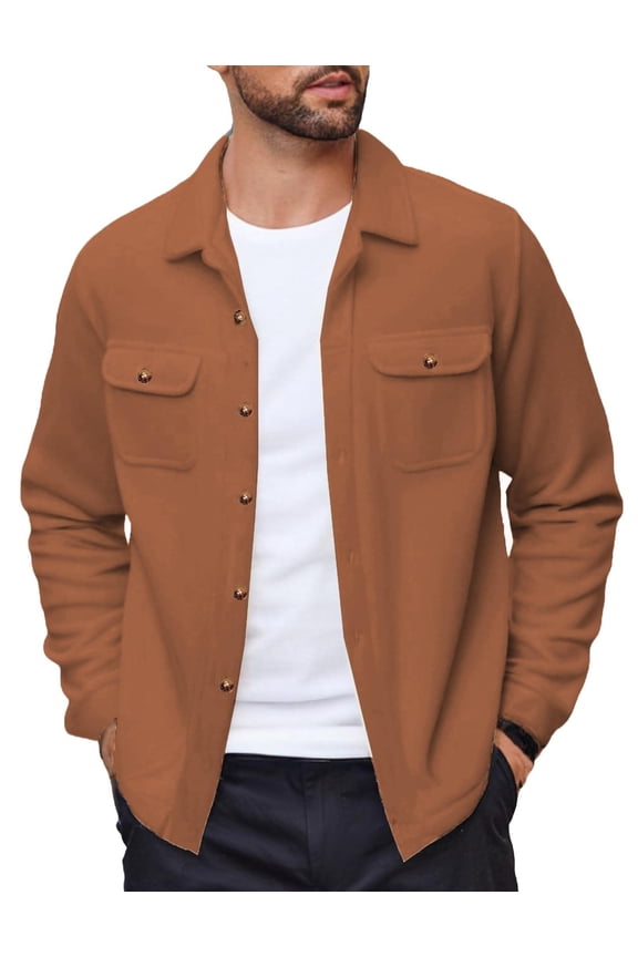 Men's Polar Fleece Shacket Long Sleeve Casual Button Down Shirt Jacket with Pockets