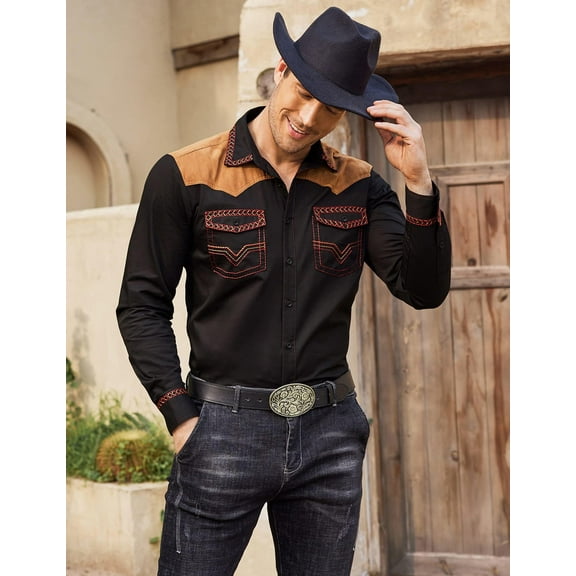 COOFANDY Mens Shirt Western Cowboy Embroidered Long Sleeve Slim Fit Casual Cotton Button Down Hippie with Pockets