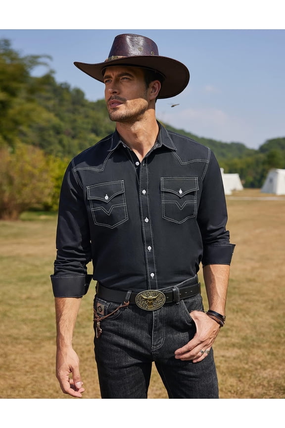 Mens Shirt Western Dress Long Sleeve Casual Cotton Button Down Denim Work Shirt