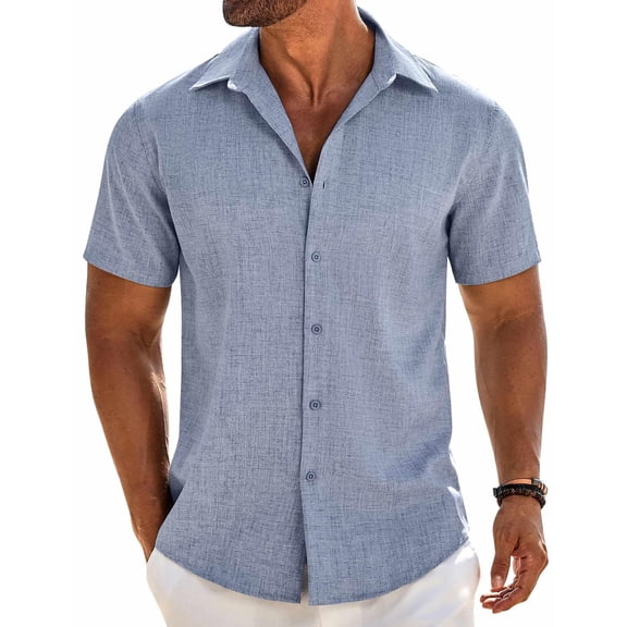 COOFANDY Mens Sage Linen Shirt Short Sleeve Button Down Shirts Summer Beach Dress Shirt