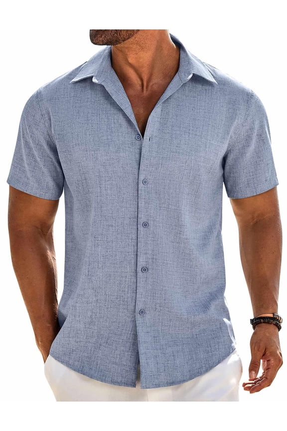 Mens Sage Linen Shirt Short Sleeve Button Down Shirts Summer Beach Dress Shirt