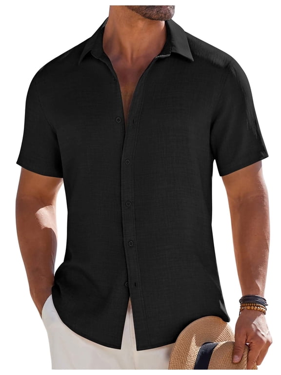 Men's Short Sleeve Button Down Casual Shirts Summer Beach Wedding Linen Textured Shirts