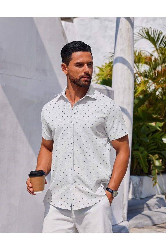 Men's Button Up Shirt Short Sleeve Wrinkle Free Shirt Slim Fit Print Shirt for Men