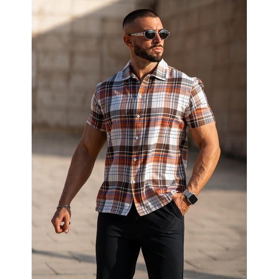 COOFANDY Mens Short Sleeve Button Down Shirt Plaid Button Up Shirts Casual 75% Cotton Work Shirts