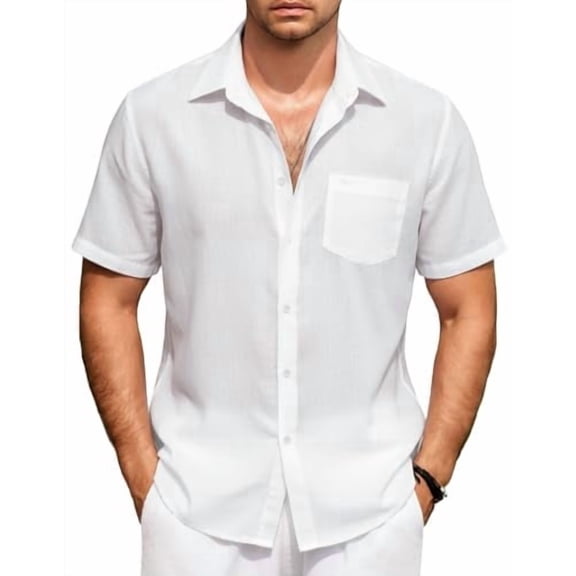 COOFANDY Mens Short Sleeve Button Down Shirts Casual Cotton Beach Summer Linen Textured Shirts?