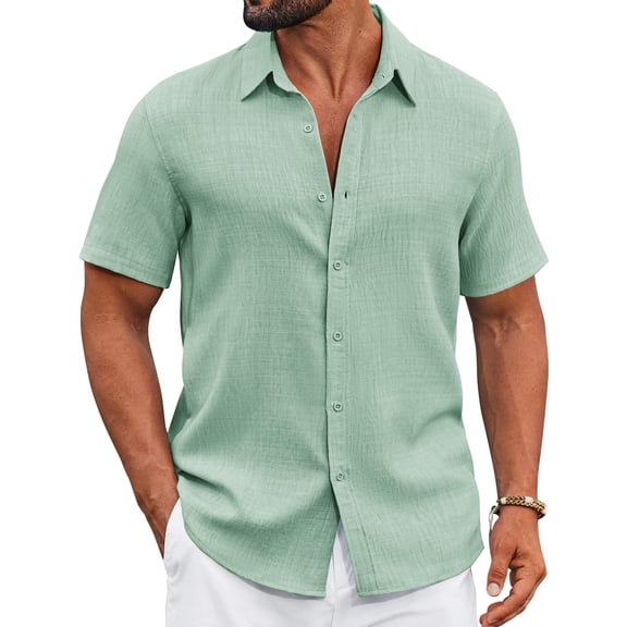 COOFANDY Men's Linen Shirts Solid Wedding Shirts Short Sleeve Shirt Button Up Casual Relaxed-Fit Shirt