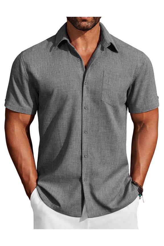 Mens Short Sleeve Button Down Shirts Summer Family Beach Outfits Dark Grey Dark Grey S