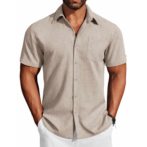 COOFANDY Mens Short Sleeve Button Down Shirts Summer Family Beach Outfits Dark Grey Khaki XL