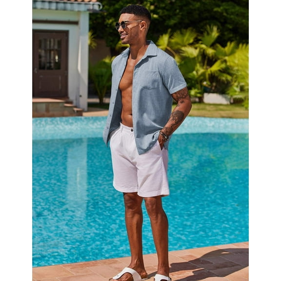 COOFANDY Mens Shirts Summer Mens Beach Outfit Short Sleeve Linen Button up Shirts