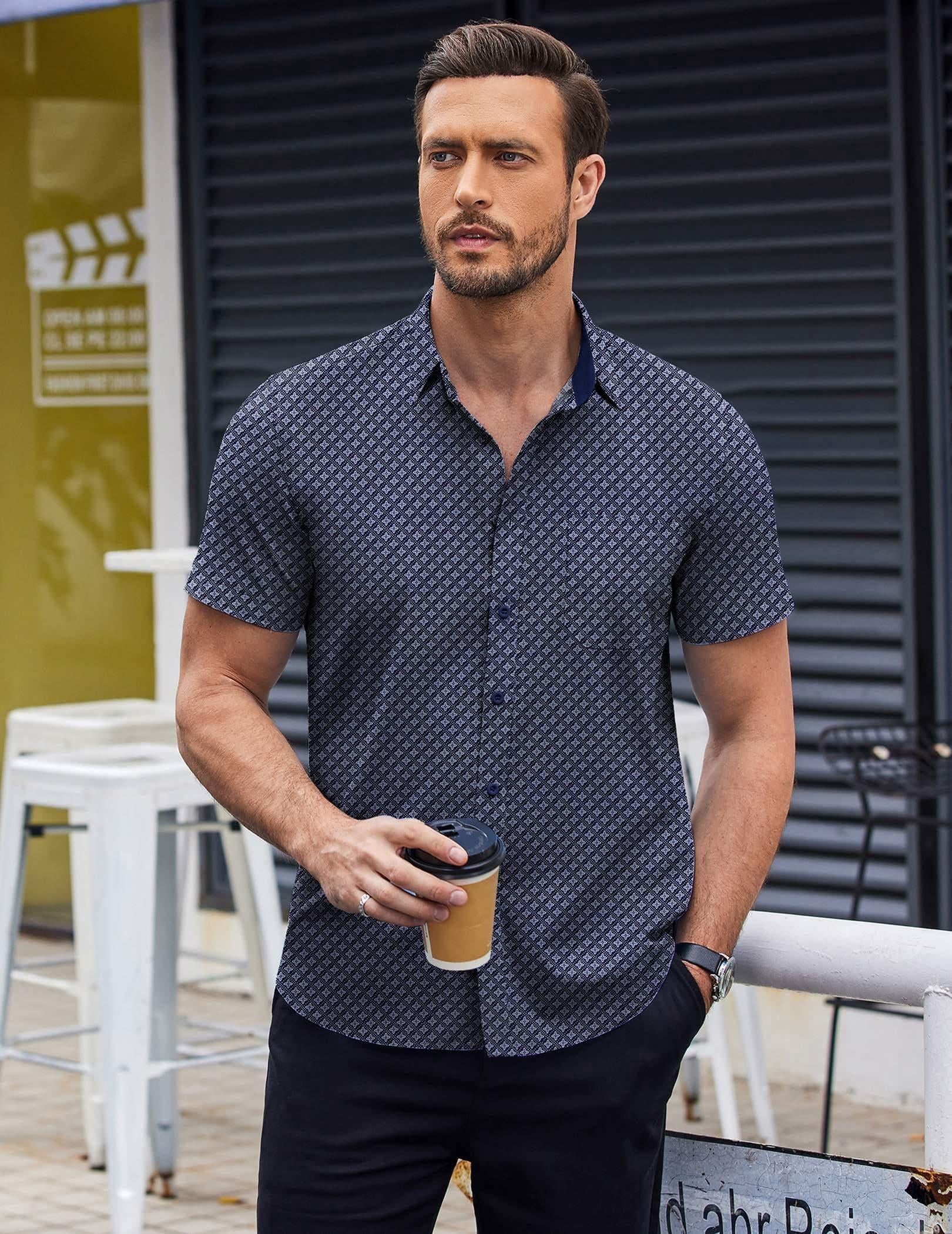 blue polka dot dress shirt mens COOFANDY Men's Short Sleeve Shirts Wrinkle Free Print Casual Button Down Shirts with Pocket Color:White Flower Dark Navy Blue Dot 2BP8320 Baddie Core Deep V-Neck
