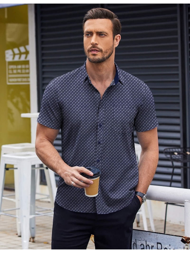 COOFANDY Men's Short Sleeve Dress Shirts Wrinkle Free Polka Dot Print Shirt Casual Button Down Shirts with Pocket