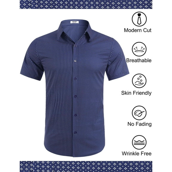 COOFANDY Business Casual Shirts for Men Short Sleeve No Tuck Shirt Office Polka Dot Print Dress Shirt Navy Blue