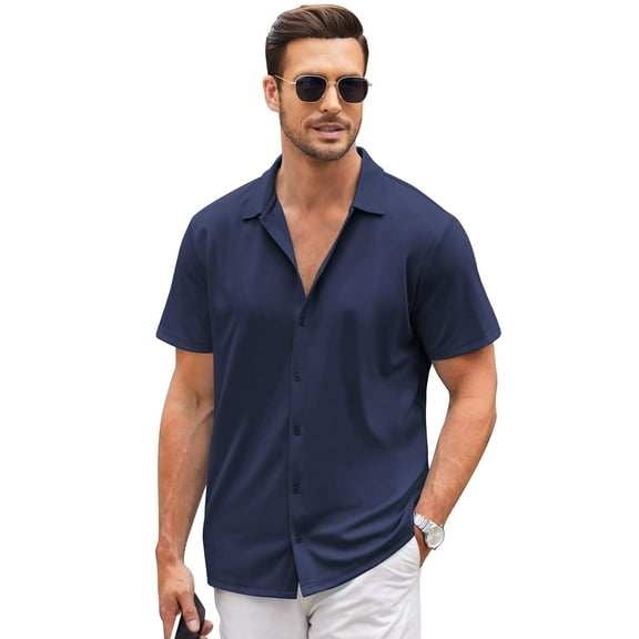 COOFANDY Mens Short Sleeve Button Up Shirts Lightweight Stretch Shirt Knitted Shirts Navy Blue L