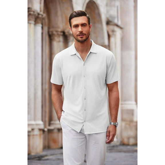 COOFANDY Mens Short Sleeve Button Up Shirts Lightweight Stretch Shirt Knitted Shirts