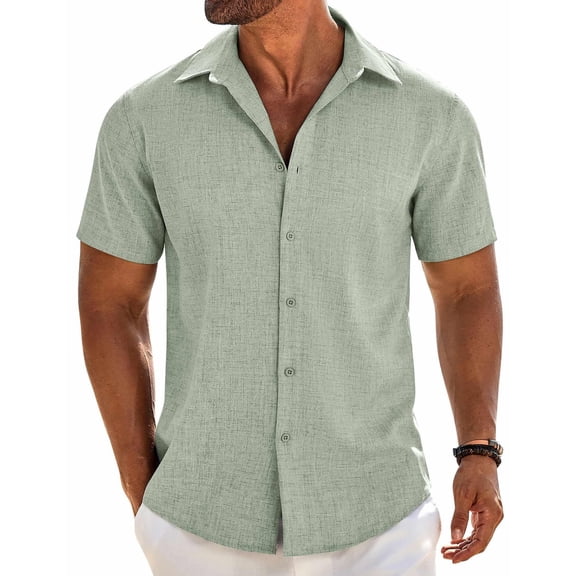 COOFANDY Mens Sage Linen Shirt Short Sleeve Button Down Shirts Summer Beach Dress Shirt