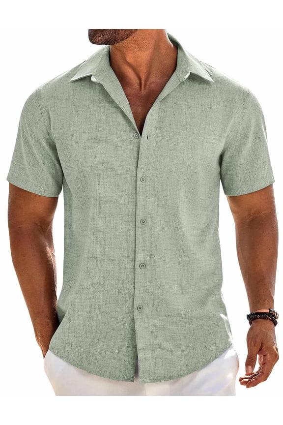Mens Sage Linen Shirt Short Sleeve Button Down Shirts Summer Beach Dress Shirt