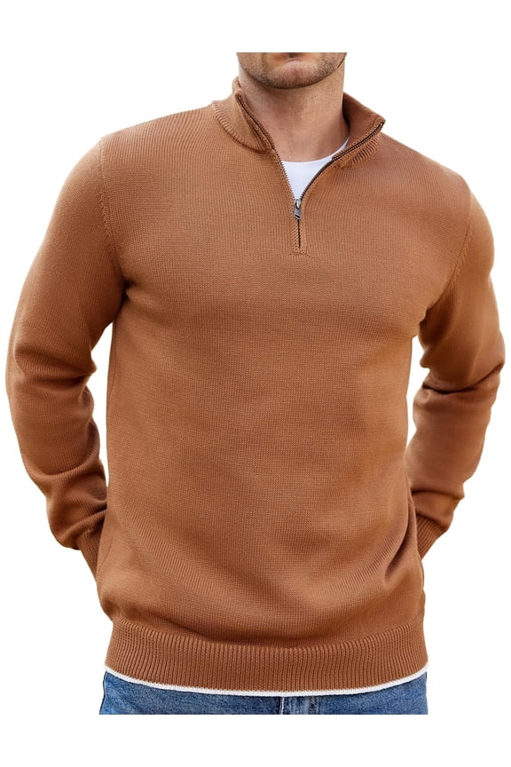 Men's Quarter Zip Up Pullover Slim Fit Lightweight Mock Neck Long Sleeve Sweaters Light Brown L