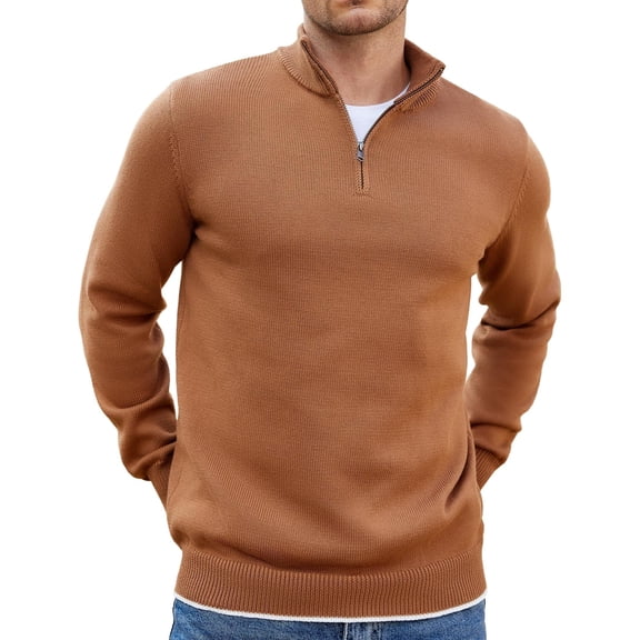 COOFANDY Men's Quarter Zip Up Pullover Slim Fit Lightweight Mock Neck Long Sleeve Sweaters Light Brown XL
