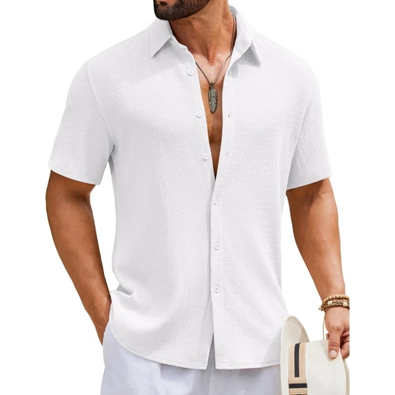 COOFANDY Mens Short Sleeve Casual Shirts Button Down Striped Summer Shirts Textured Vacation Beach Shirt