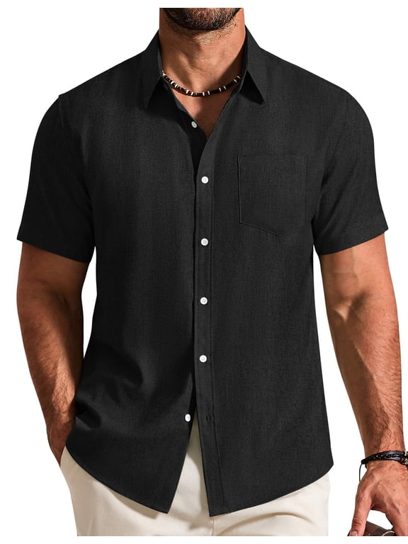 Mens Short Sleeve Casual Shirts Summer Textured Shirts Button Down Linen Shirts