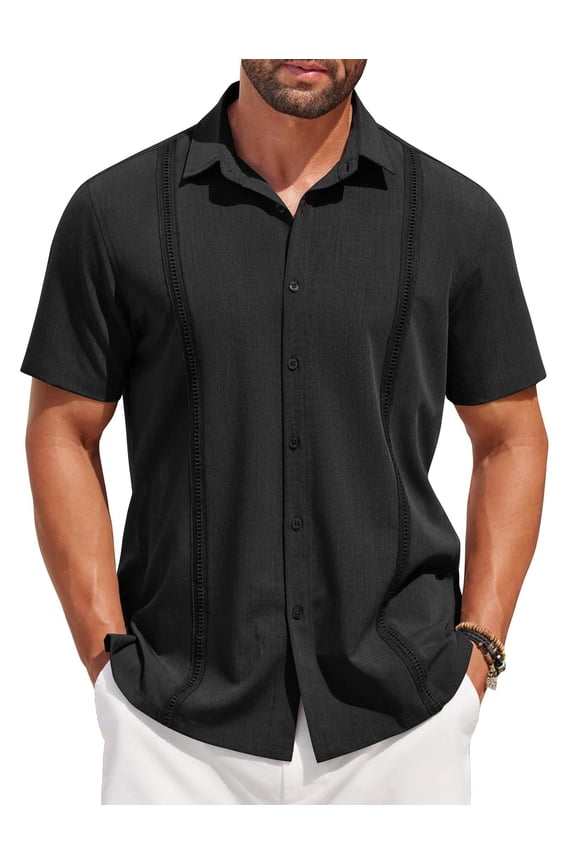 Mens Short Sleeve Cuban Guayabera Shirt Linen Cotton Beach Button Down Shirts