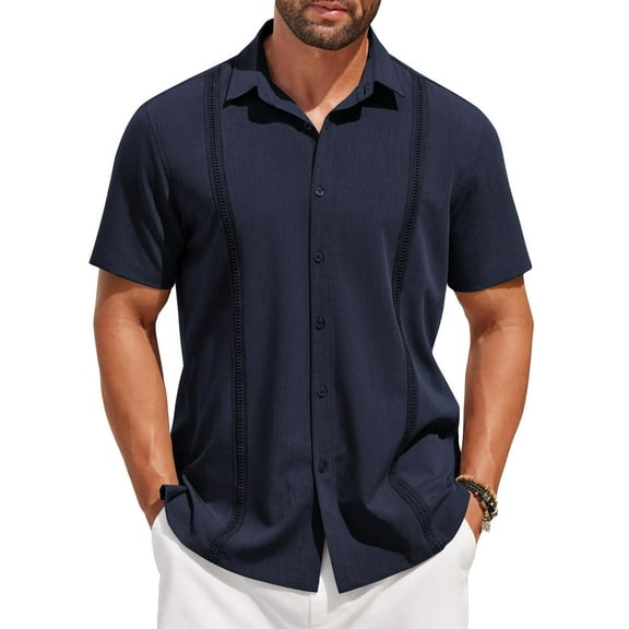 COOFANDY Mens Short Sleeve Cuban Guayabera Shirt Casual Summer Beach Button Down Shirts Navy Blue-XL