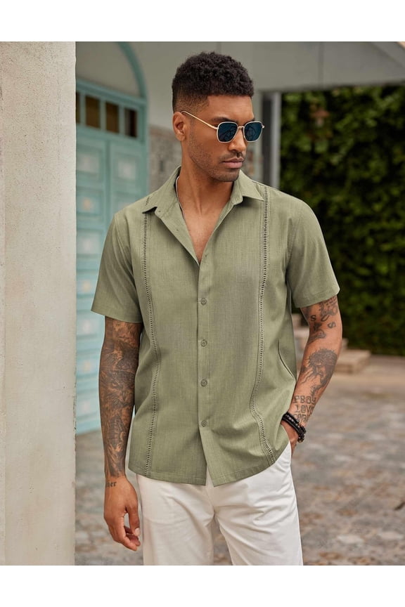 Men's Guayabera Premium Lightweight Embroidered Pleated Cuban Shirt Cruise Summer